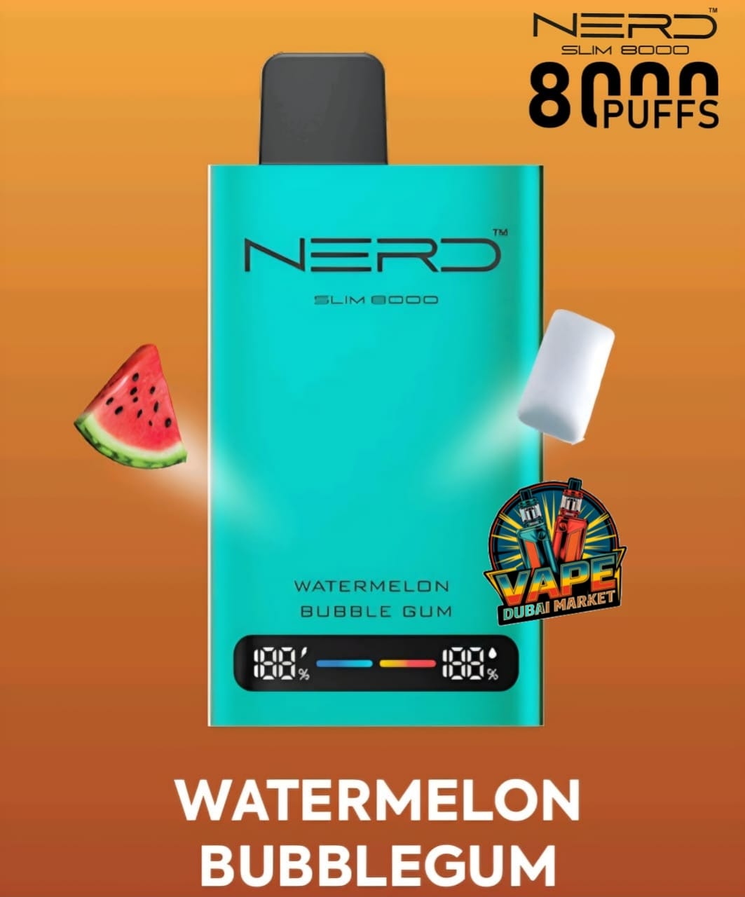 Nerd Slim 8000 Puffs vape Watermelon Bubblegum flavor with digital puff counter display