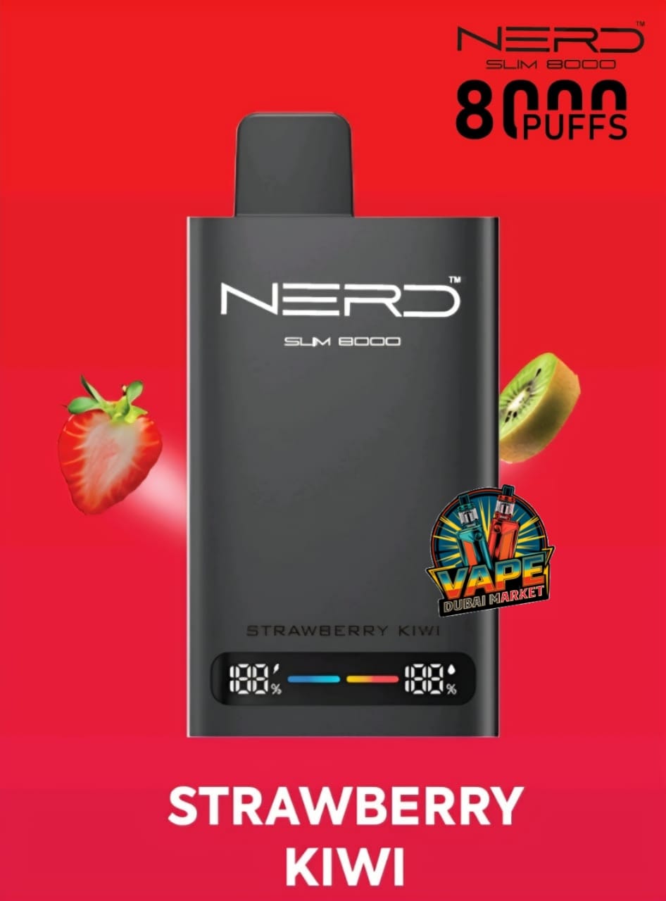 Nerd Slim 8000 Puffs vape device in Strawberry Kiwi flavor with Dubai market background