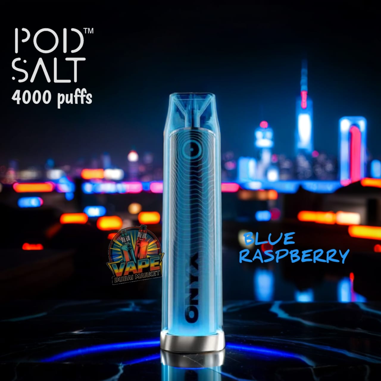 Pod Salt Onyx Blue Raspberry vape with smooth throat hit and compact disposable design