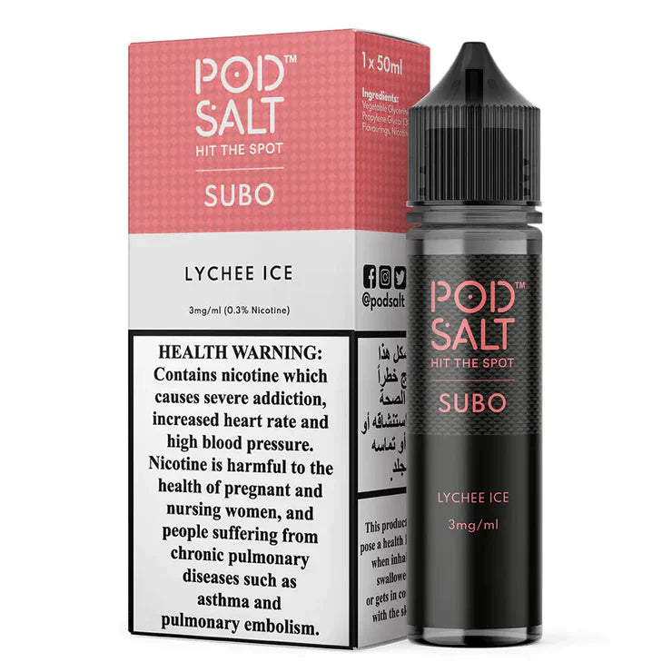 Pod Salt Subo Lychee Ice 50ml e-liquid bottle and box Vape Dubai Market