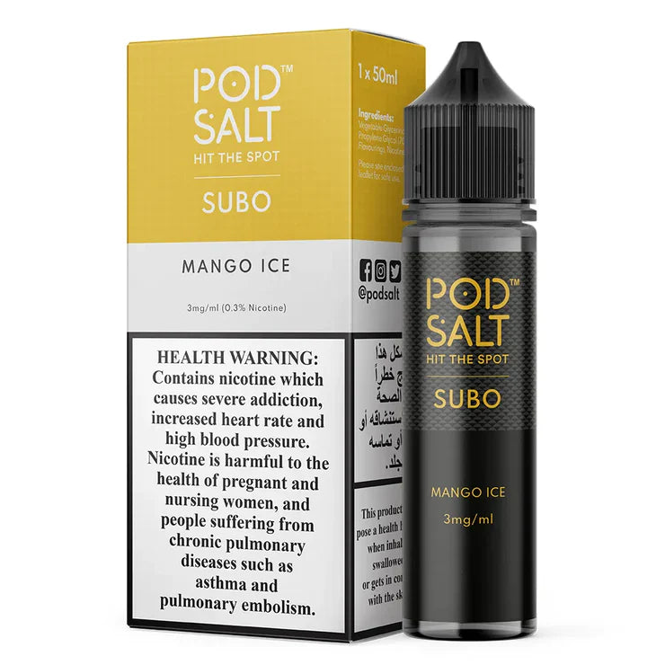 Pod Salt Subo Mango Ice 50ml e-liquid bottle and box Vape Dubai Market