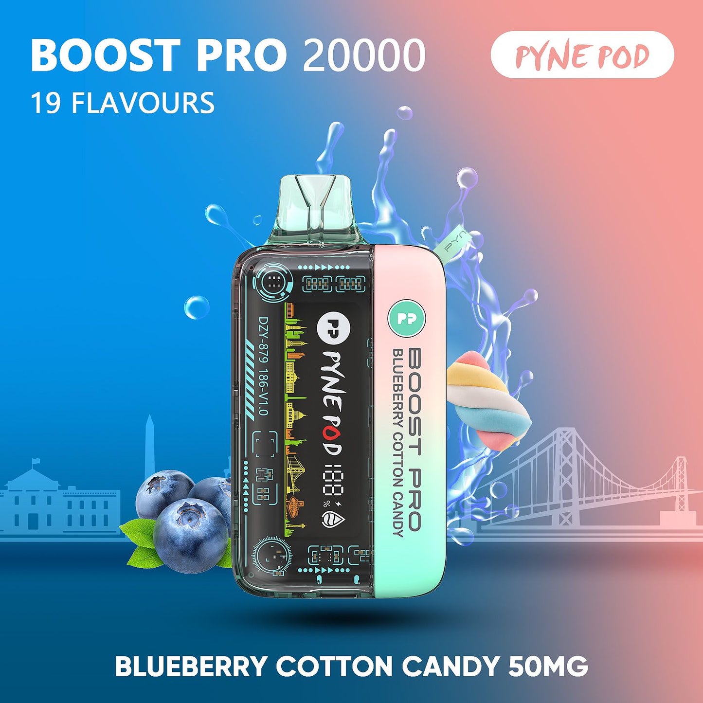 Pyne Pod Boost Pro 20000 Blueberry Cotton Candy 50mg disposable vape