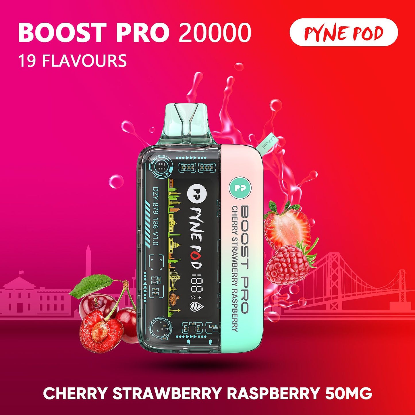 Pyne Pod Boost Pro 20000 Cherry Strawberry Raspberry 50mg disposable vape