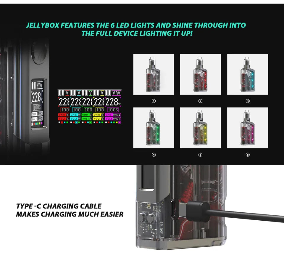 Rincoe Jellybox 228W TC Kit LED lights and Type-C charging feature