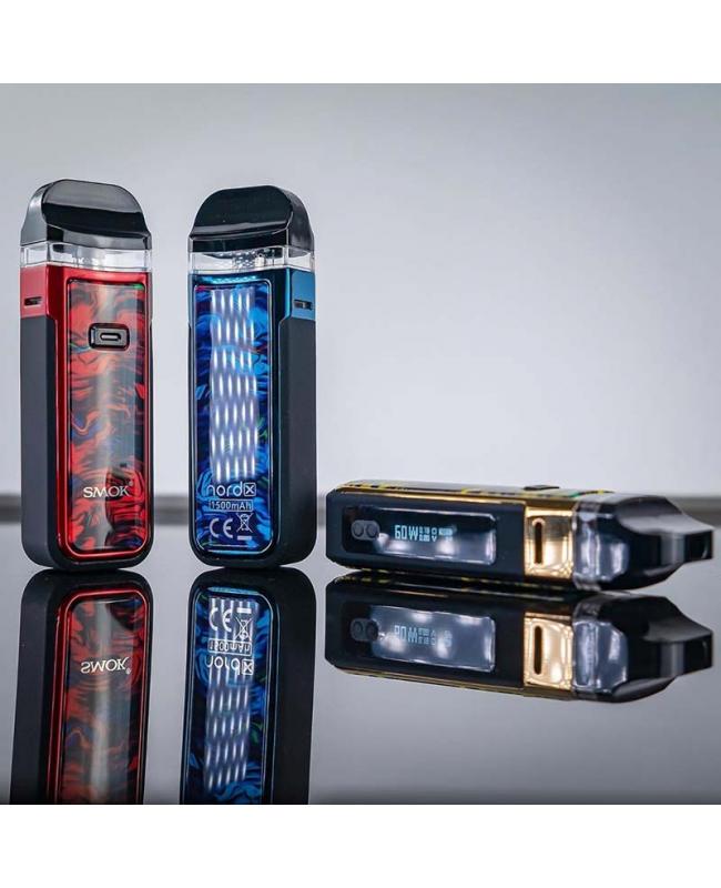 SMOK Nord X Kit fluid red, blue, and gold pod vapes with display