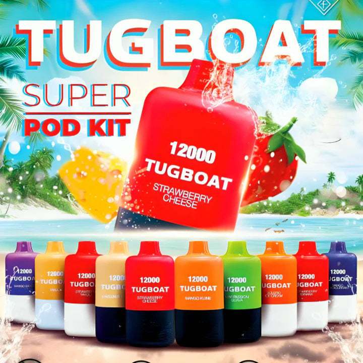 Tugboat Super Pod Kit with Strawberry Cheese flavor and variety of colorful vape pods