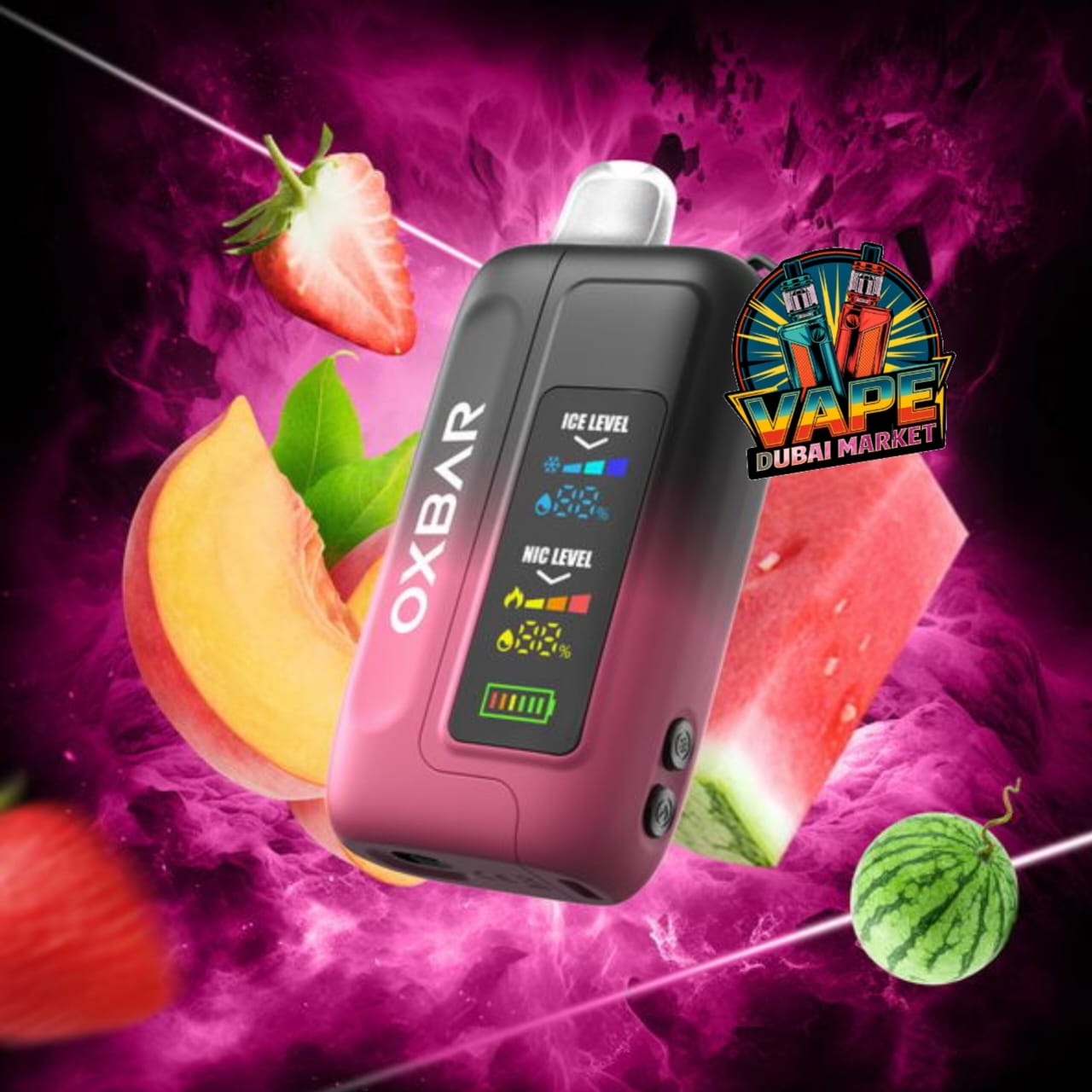 OXBAR Ice-Nic Control vape with strawberry watermelon peach flavor and fast USB-C charging