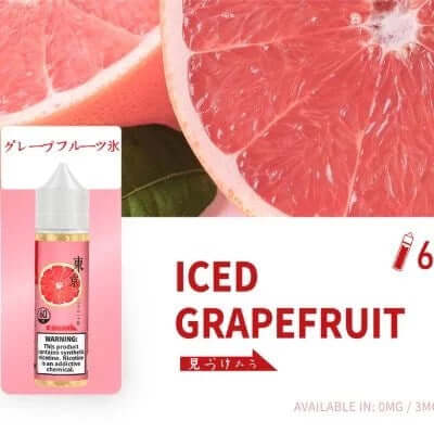 Tokyo iced grapefruit e-liquid 60ml bottle and grapefruit background