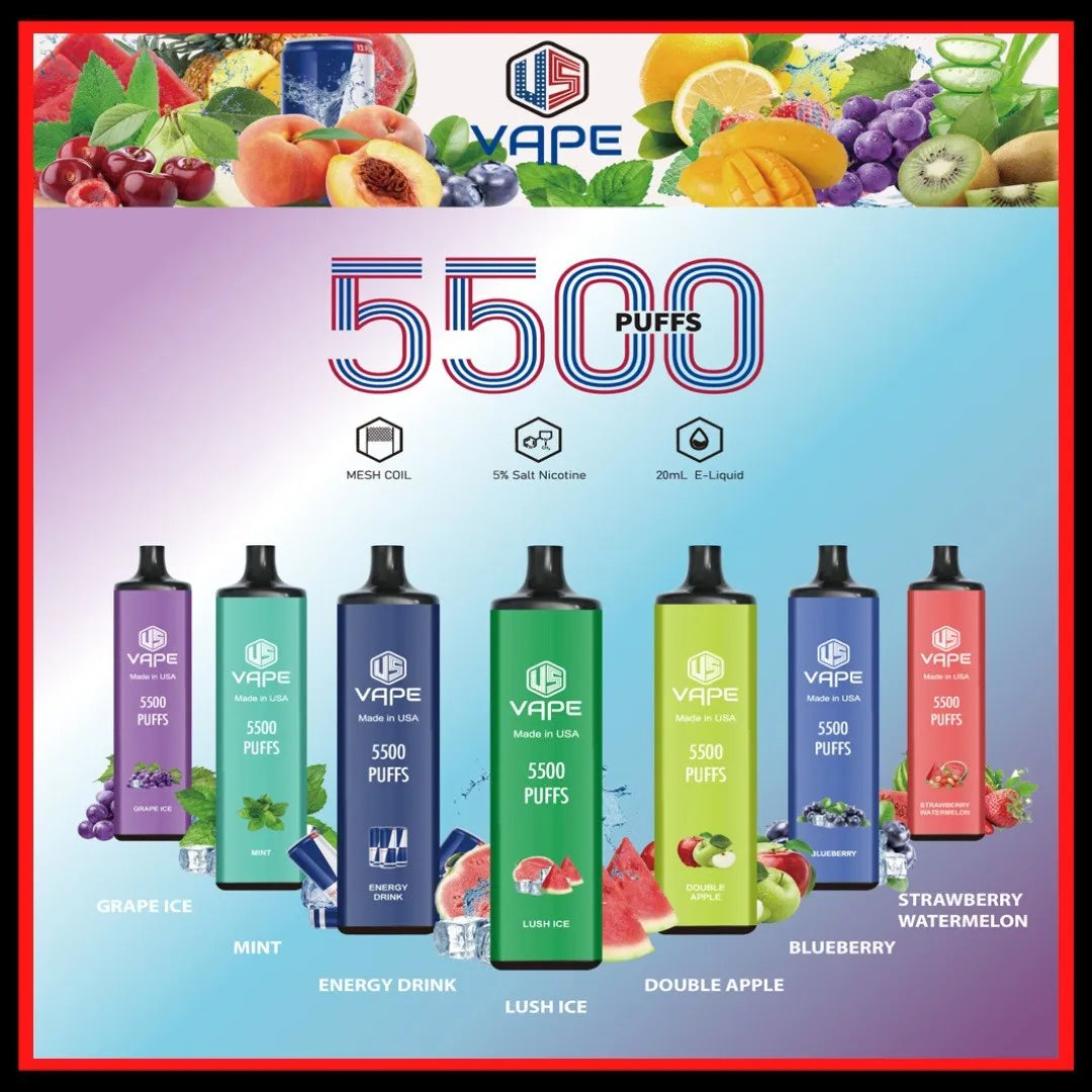 US Vape 5500 puffs disposable vape flavors lineup with fruit and device variety display