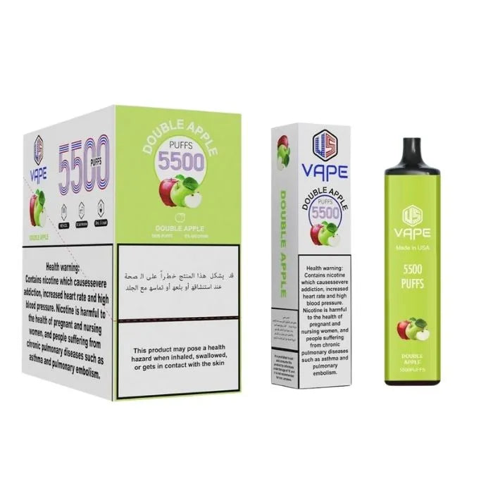 US Vape Double Apple disposable vape 5500 puffs with light green box and device