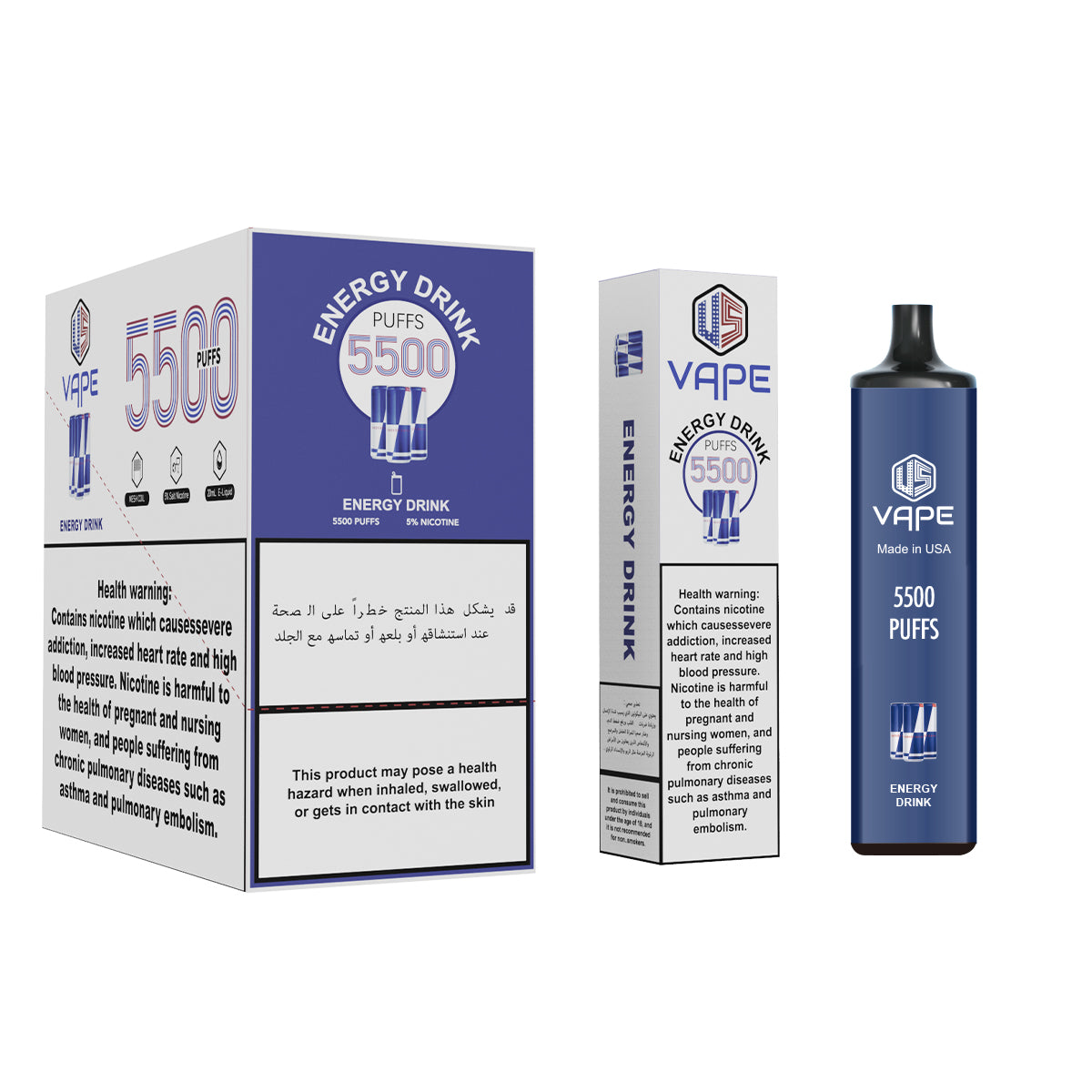 US Vape Energy Drink disposable vape 5500 puffs with blue box and device display