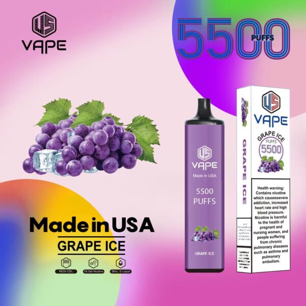 US Vape Grape Ice – 5500 puffs disposable vape with grape ice flavor, box, and device