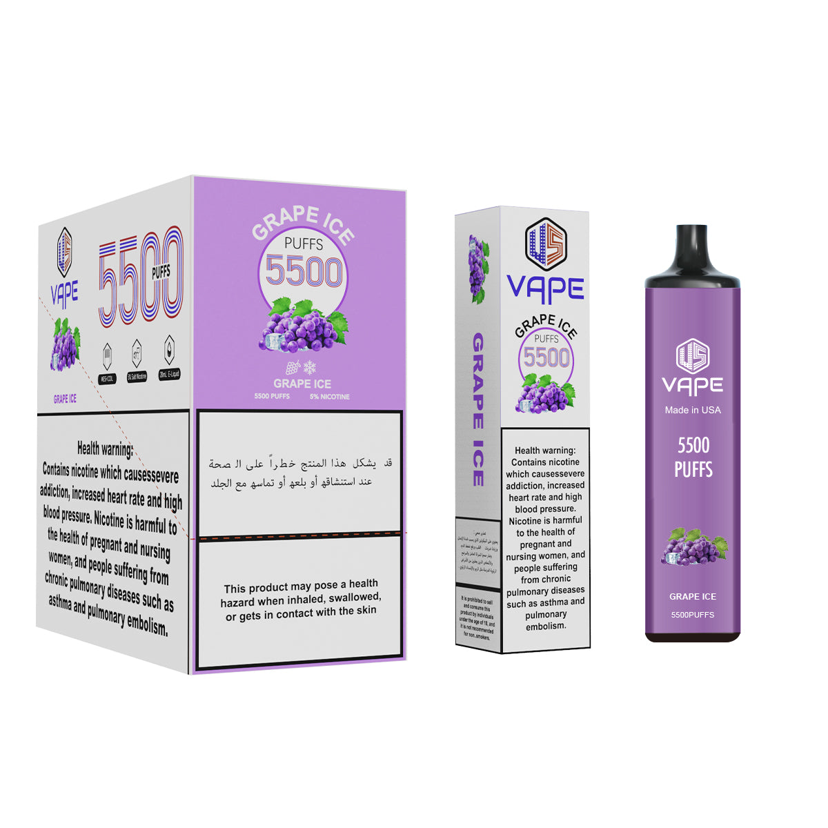 US Vape Grape Ice disposable vape 5500 puffs with purple box and device display