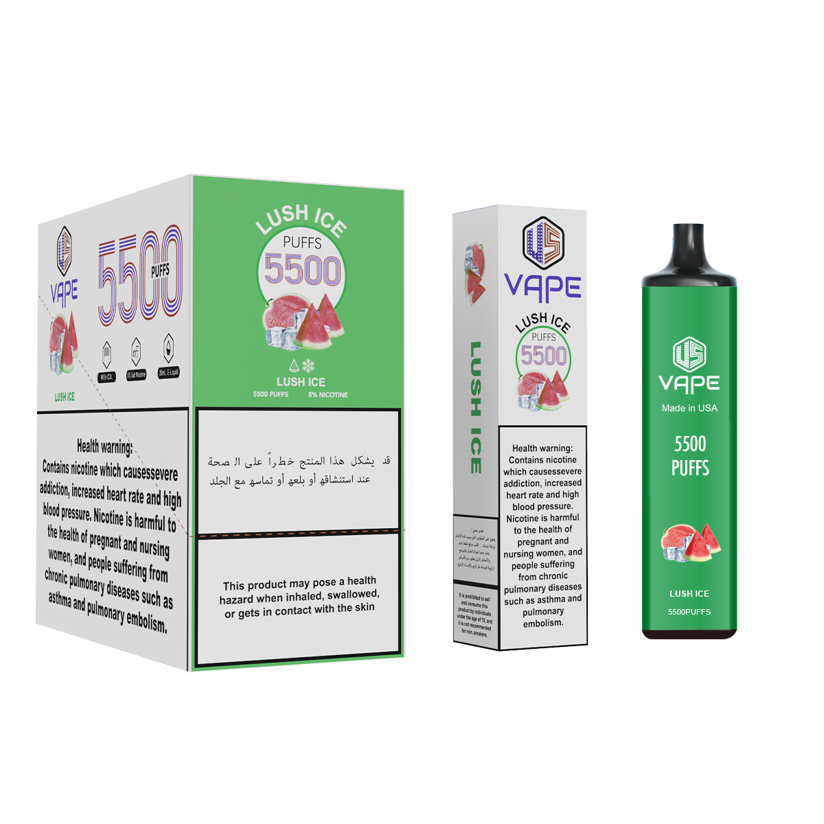 US Vape Lush Ice disposable vape 5500 puffs with green box and device display