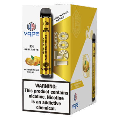 US Vape Passion Fruit Mango disposable vape 1500 puffs with yellow box