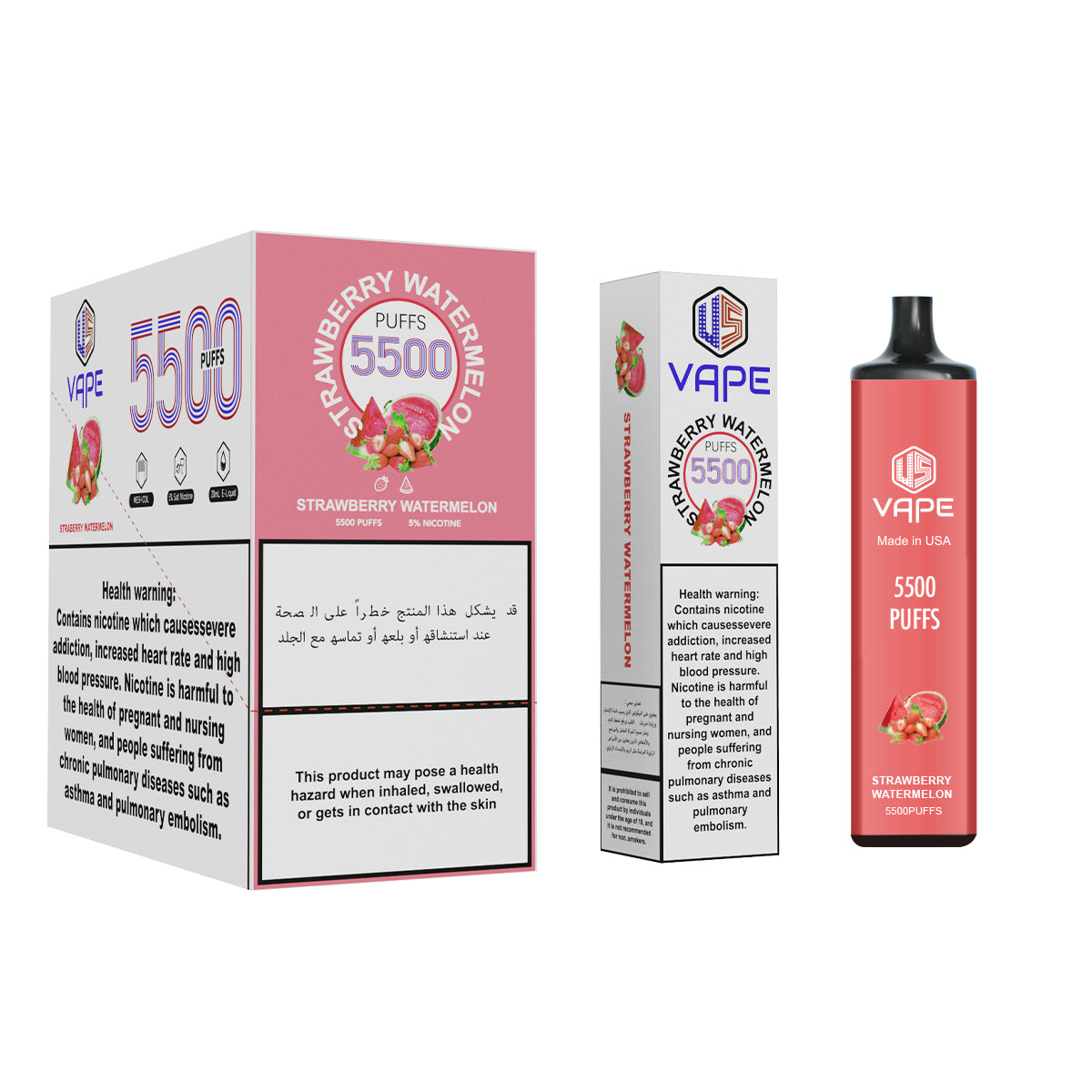 US Vape Strawberry Watermelon disposable vape 5500 puffs with pink box and device