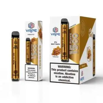 US Vape Tobacco disposable vape 1500 puffs with gold box and device on display