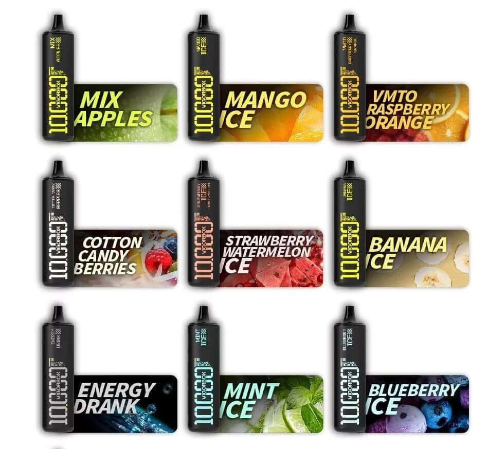 Vigorbox 10000 disposable vape lineup with assorted fruit and ice flavors