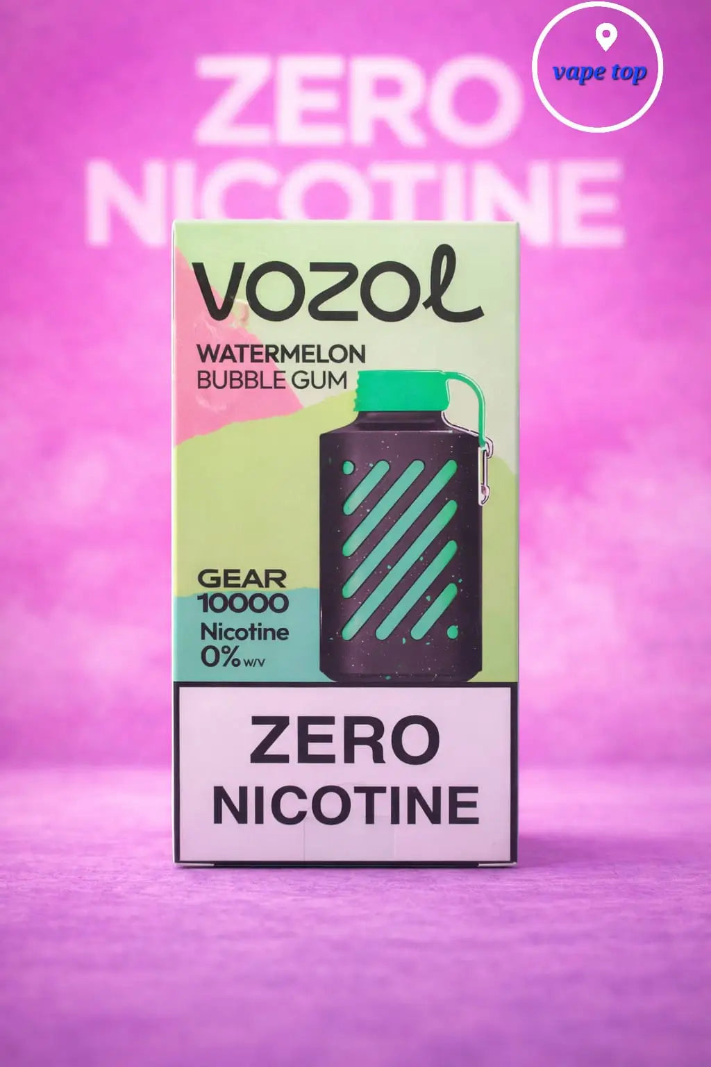 Vozol Gear 10000 Puffs Watermelon Bubble Gum disposable vape zero nicotine box purple background