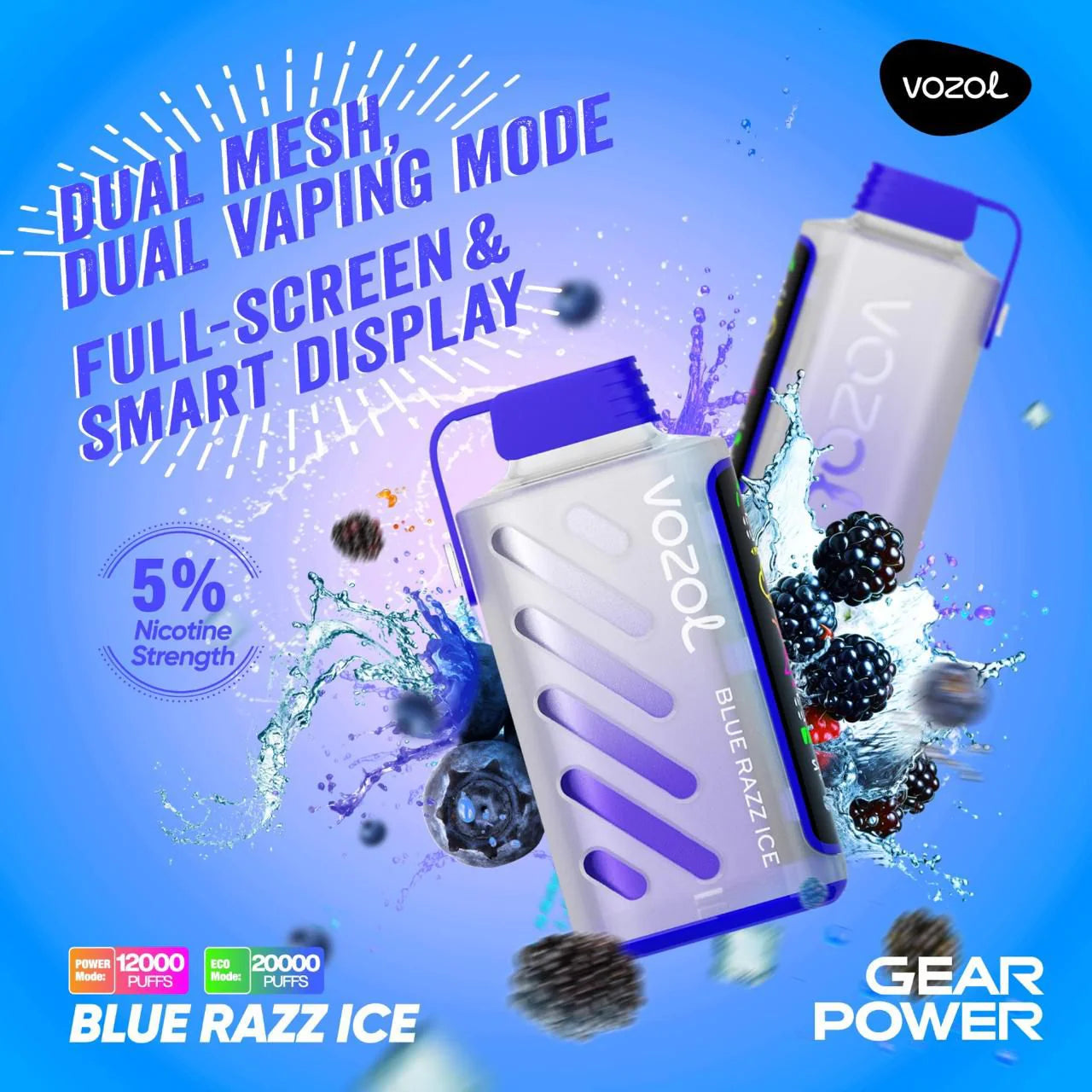 Vozol Gear Blue Razz Ice – 20000 puffs disposable vape with blue razz ice flavor