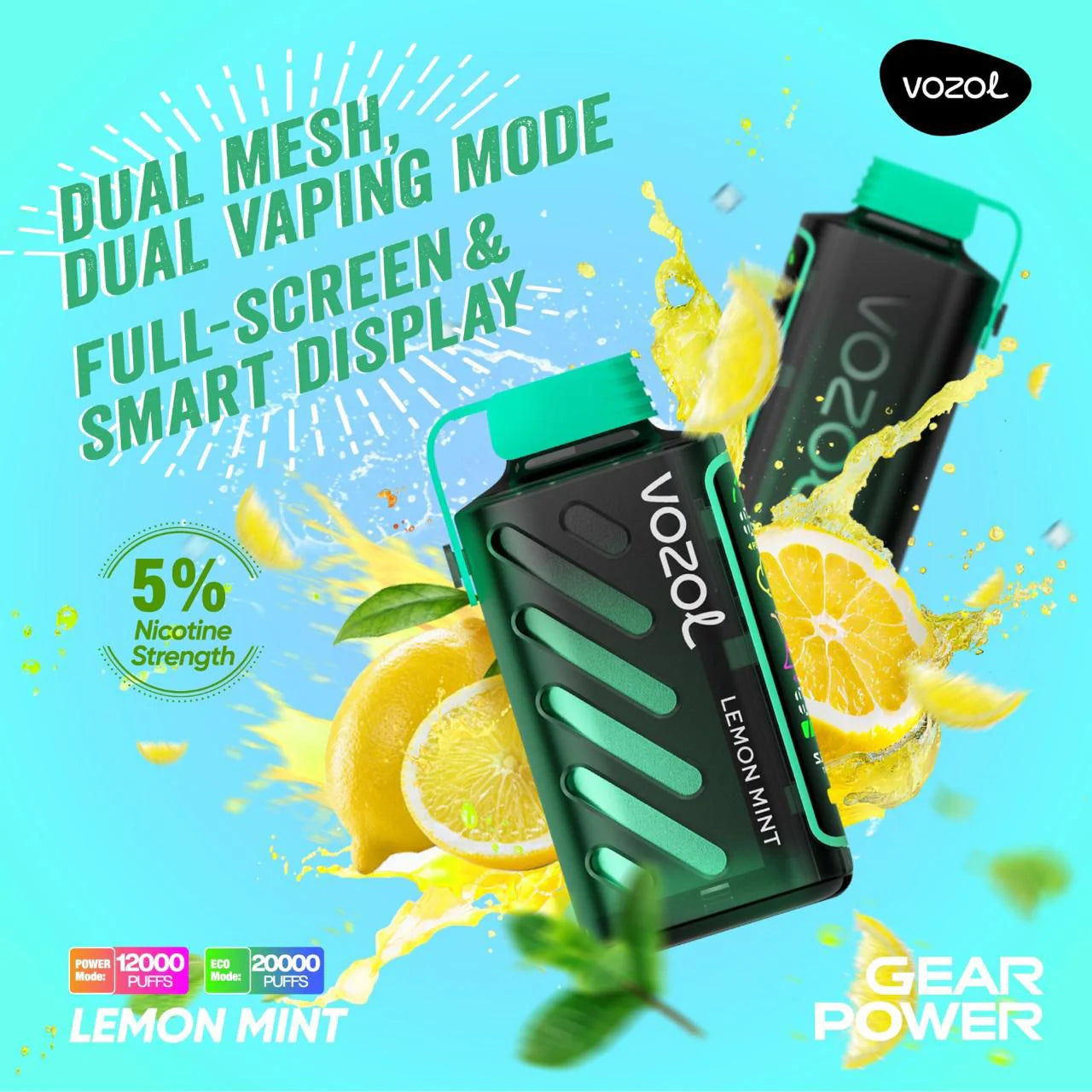 Vozol Gear Lemon Mint – 20000 puffs disposable vape with lemon mint flavor