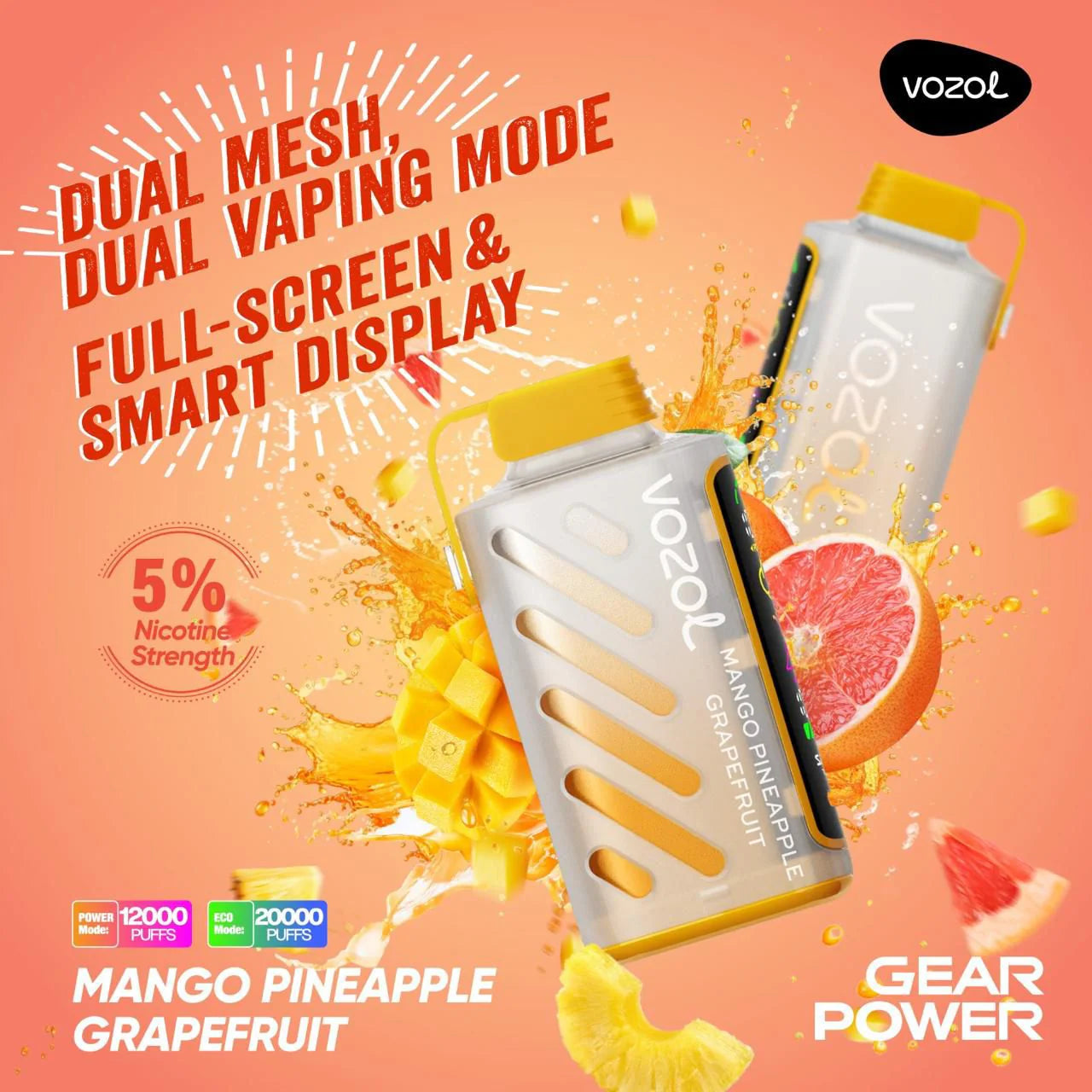 Vozol Gear Mango Pineapple Grapefruit – 20000 puffs disposable vape with tropical fruit flavor