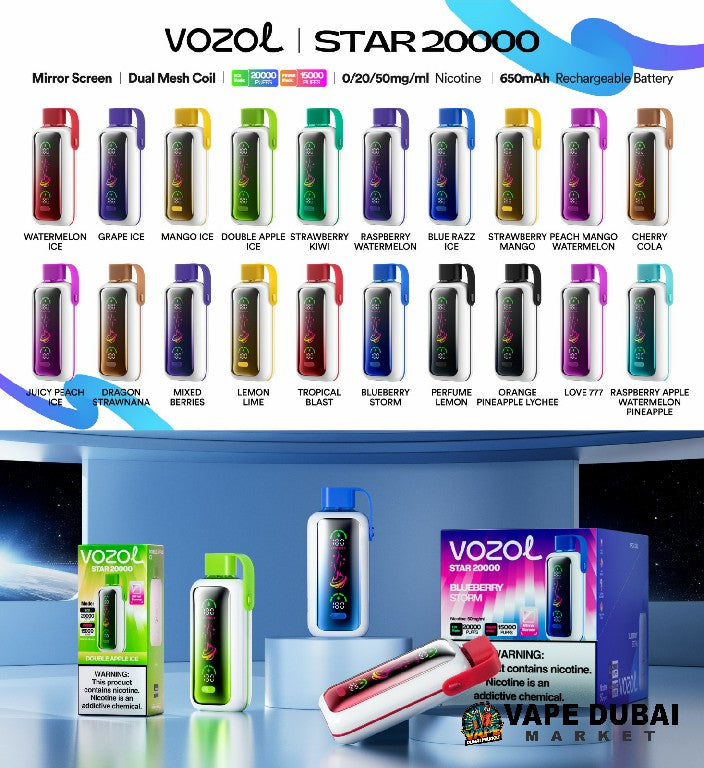 Vozol Star 20000 Puffs disposable vape flavors lineup with dual mesh coil and mirror screen