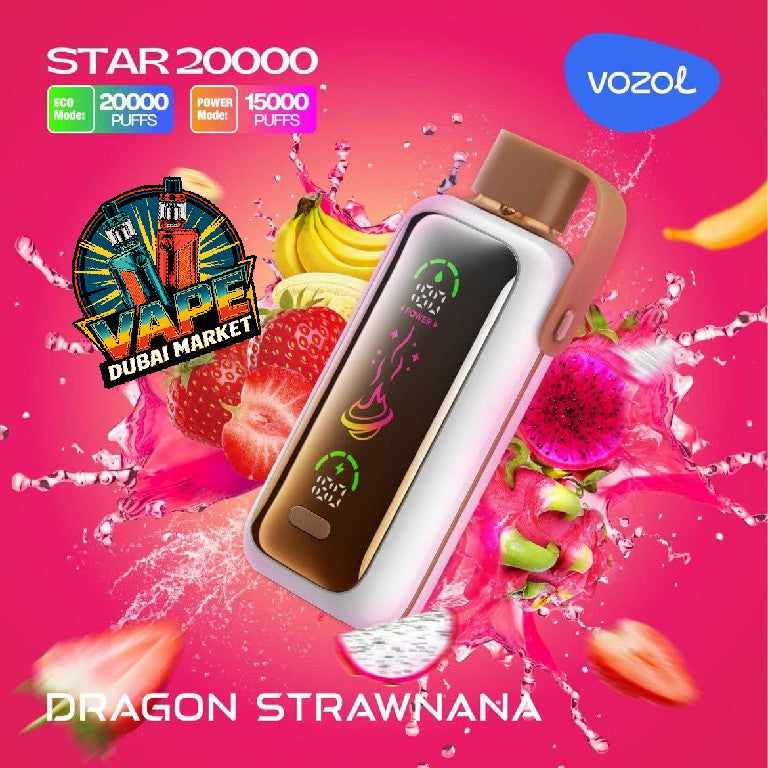 Vozol Star Dragon Strawnana vape with 20000 puffs and sleek transparent design