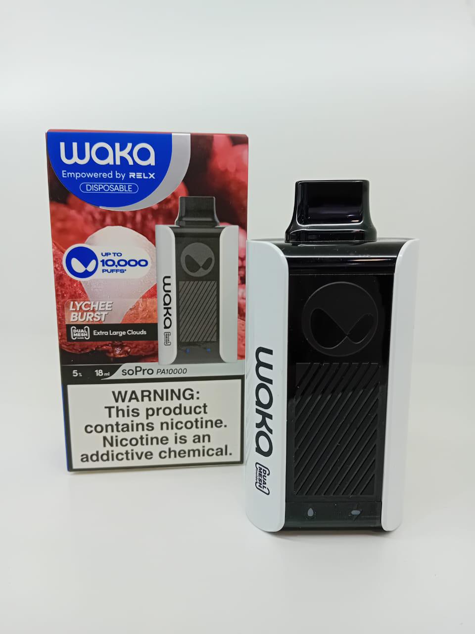 WAKA Lychee Burst disposable vape 10000 puffs with box and device on white display