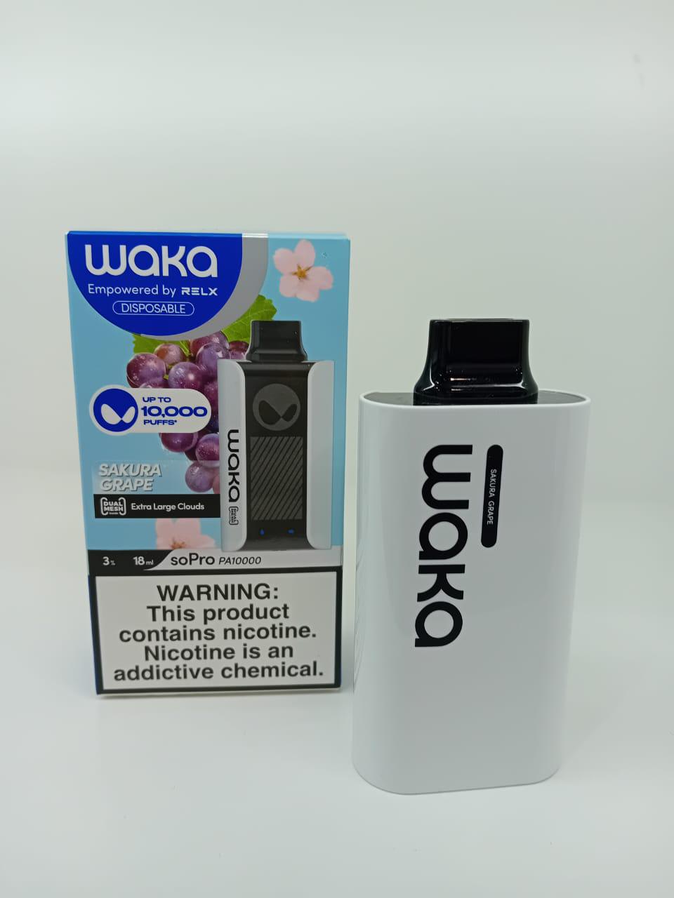 WAKA Sakura Grape disposable vape 10000 puffs with box and device on white