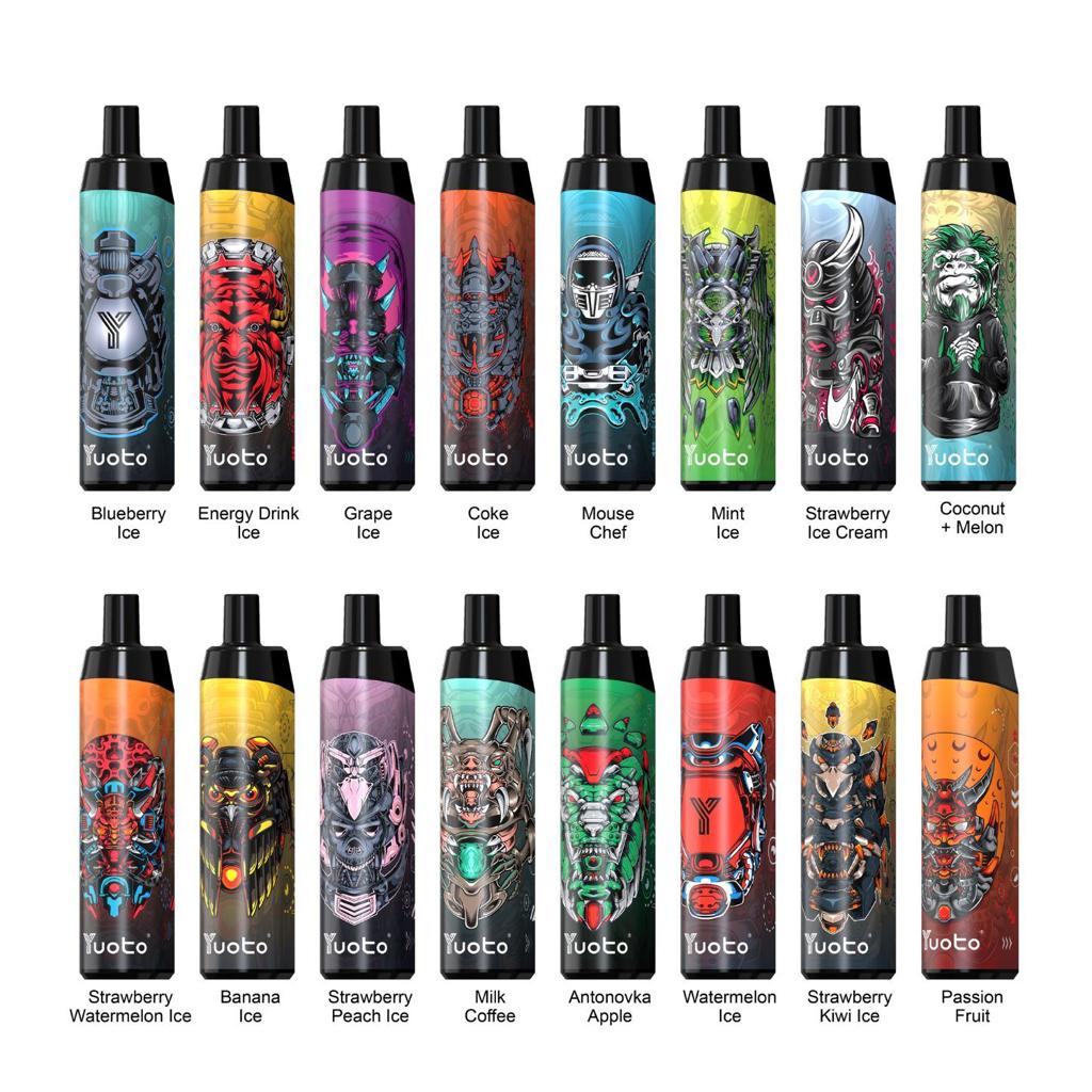 Yuoto Thanos disposable vape lineup 5000 puffs with assorted flavors and unique designs