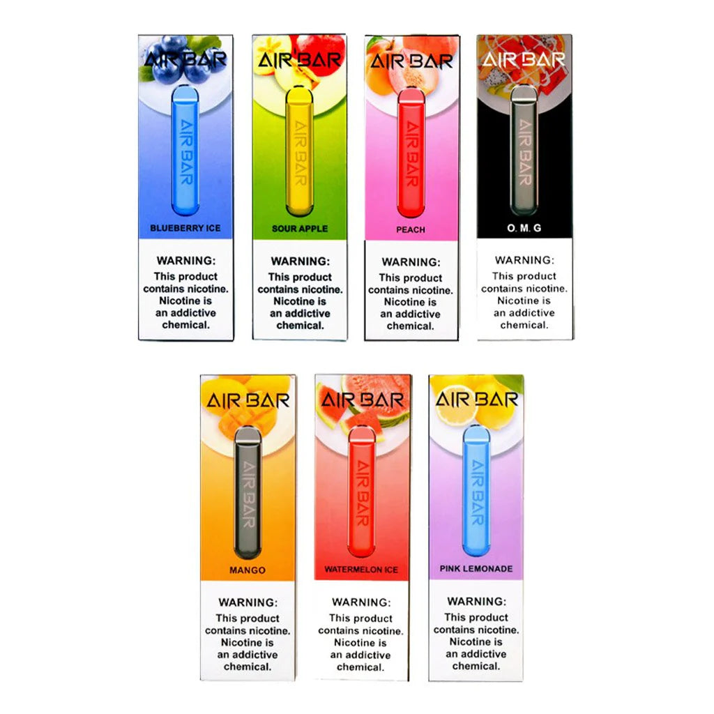 Air Bar Disposable Vape flavors in UAE – Blueberry Ice, Sour Apple, Peach, OMG, Mango, more
