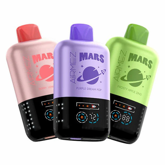 Airmez Mars 20000 Puffs With Three Flavors Like Purple Dream Pop, Frosty Apple Zing, Serry Lemon.