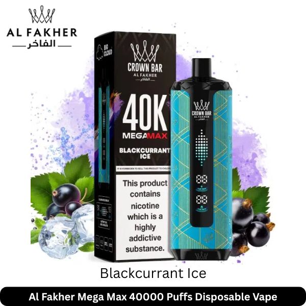 Al Fakher Mega Max Blackcurrant Ice 40k Puffs vape with box and blackcurrants