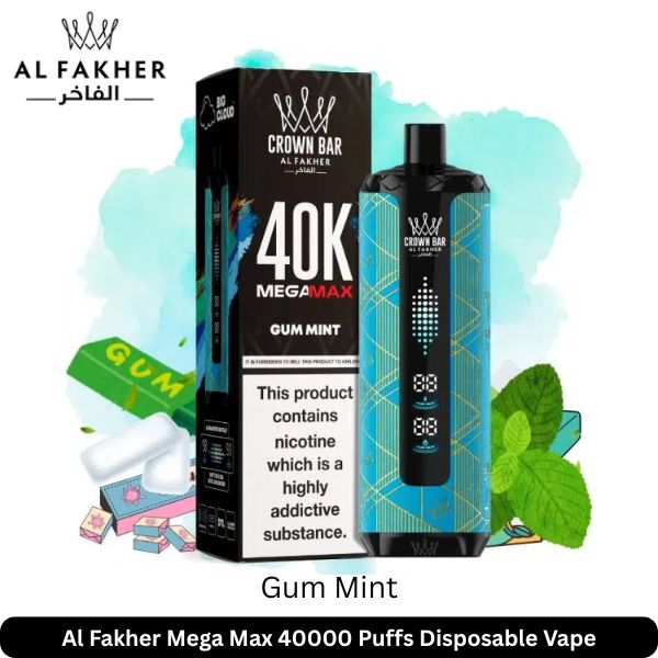 Al Fakher Mega Max Gum Mint 40k Puffs vape with box and chewing gum