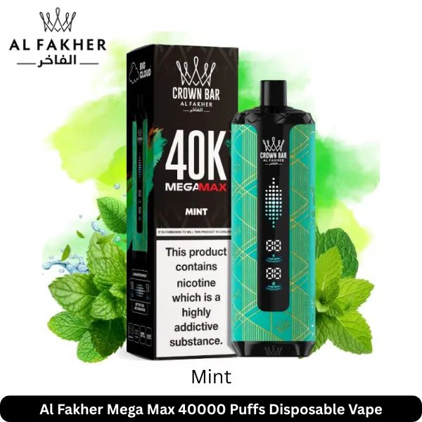 Al Fakher Mega Max Mint  40k Puffs vape with box and mint leaves