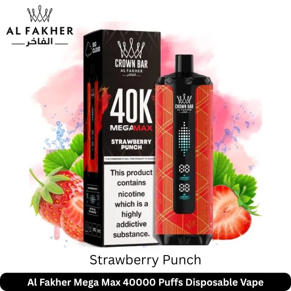 Al Fakher Mega Max Strawberry Punch 40k Puffs vape with box and strawberries