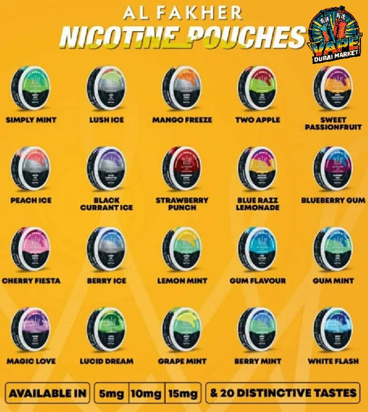Al Fakher nicotine pouches all flavors lineup including mint, fruit, and berry options