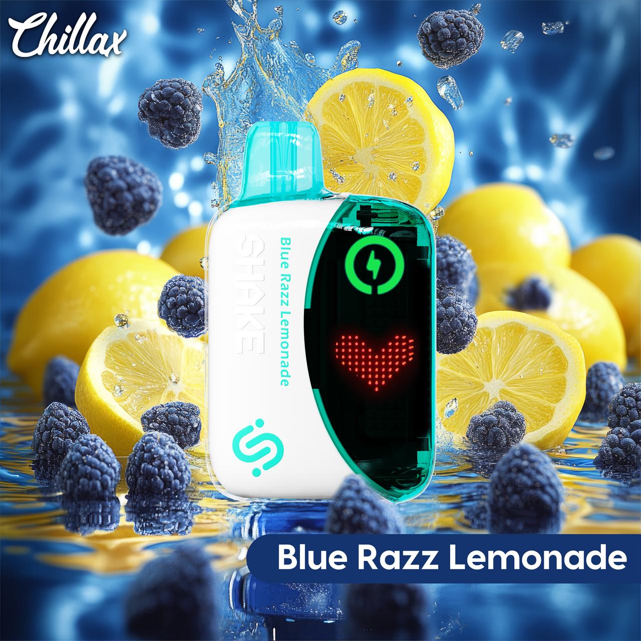 Chillax Blue Razz Lemonade vape with blue raspberries and lemons in splash background