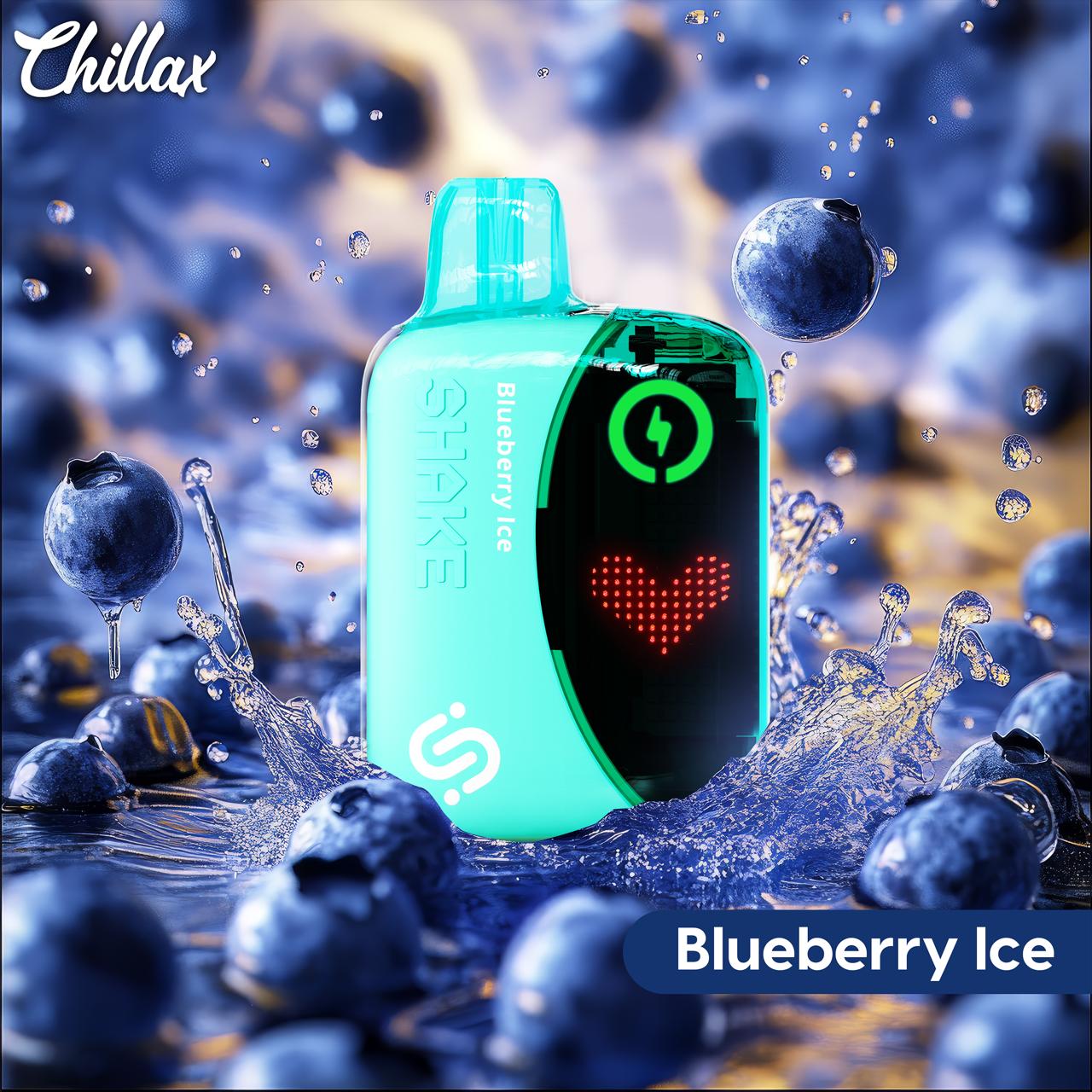 Chillax Blueberry Ice vape with blueberries and icy splash background