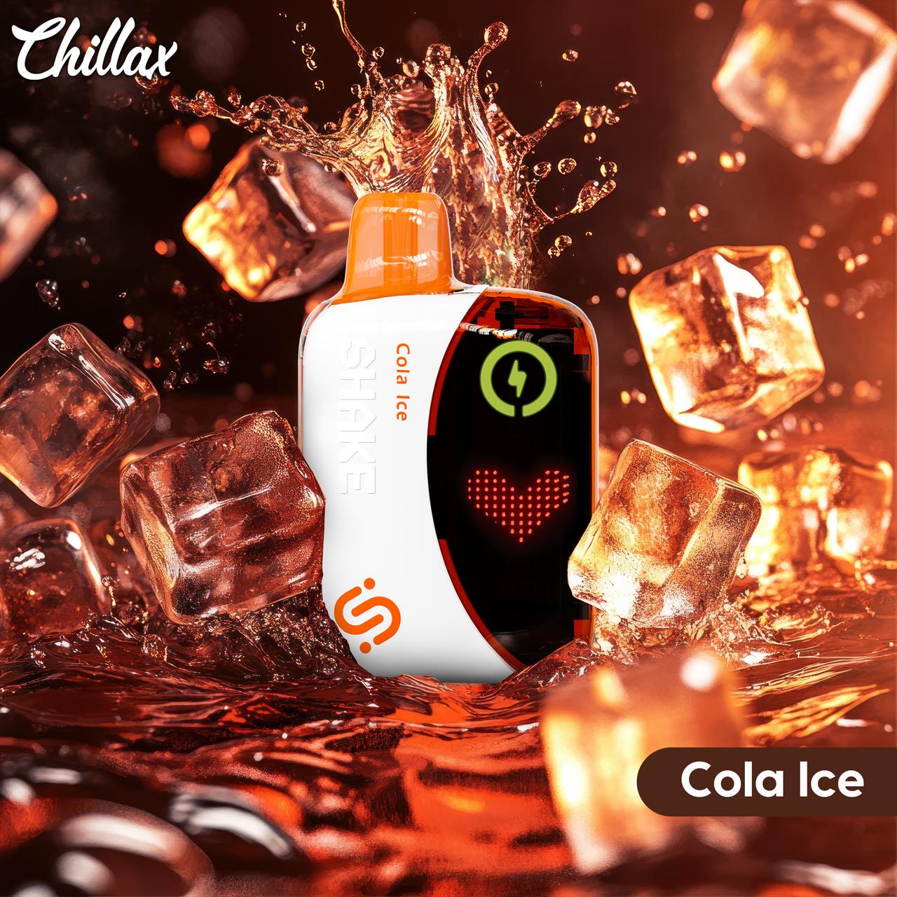 Chillax Cola Ice vape with cola ice cubes and splash background