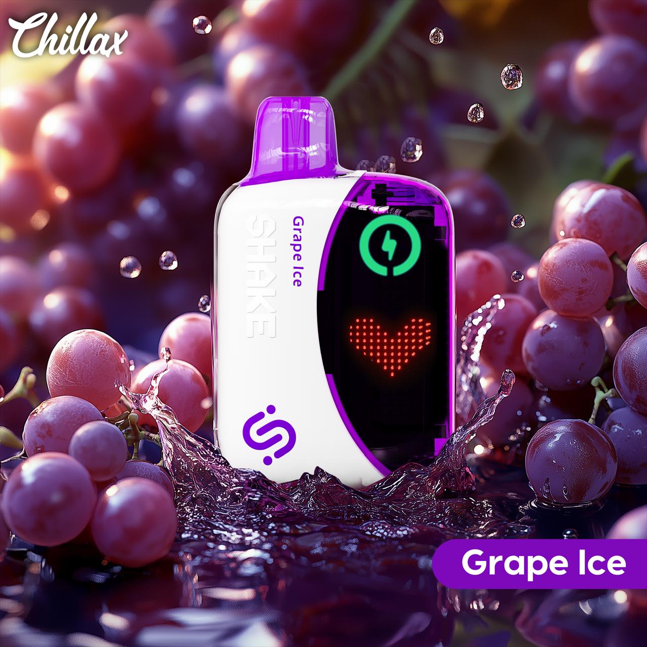Chillax Grape Ice vape with grapes and icy splash background