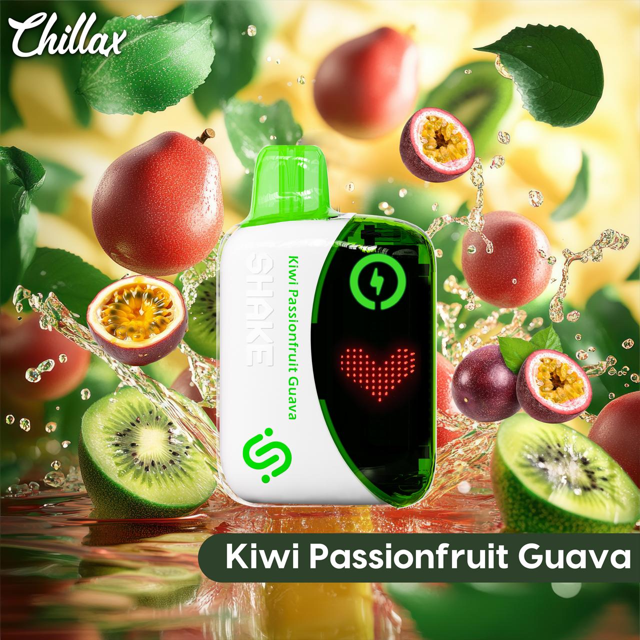 Chillax Kiwi Passionfruit Guava vape with kiwi, passionfruit, guava, and splash background
