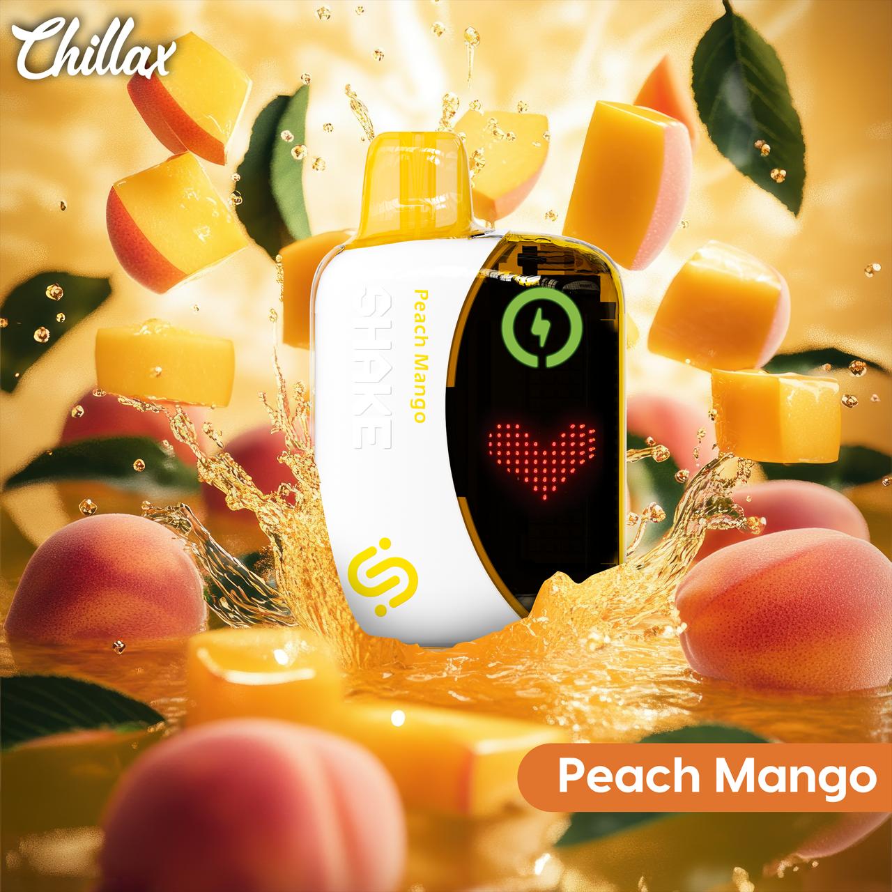 Chillax Peach Mango vape with peach and mango cubes in splash background