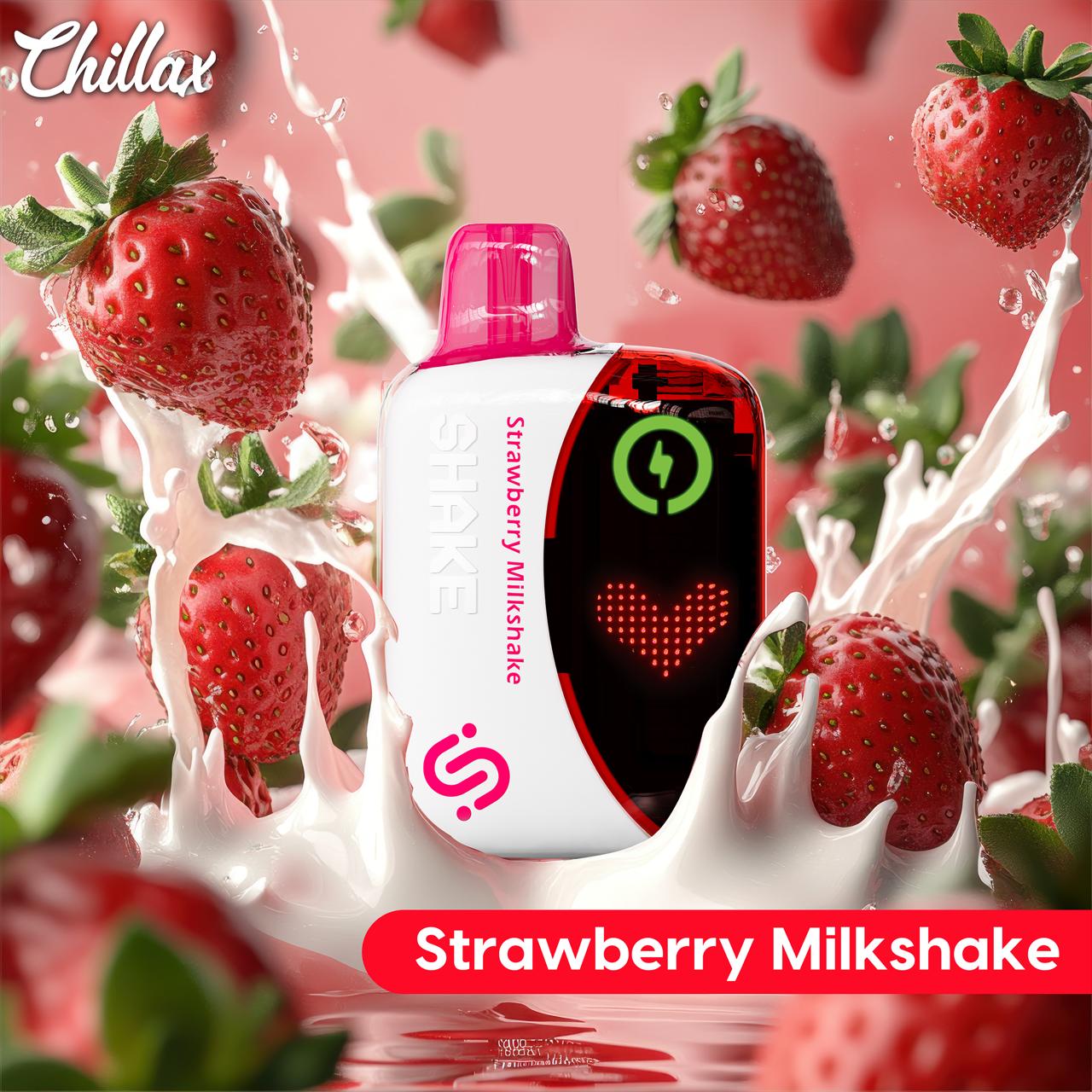 Chillax Strawberry Milkshake vape with strawberries and milk splash background