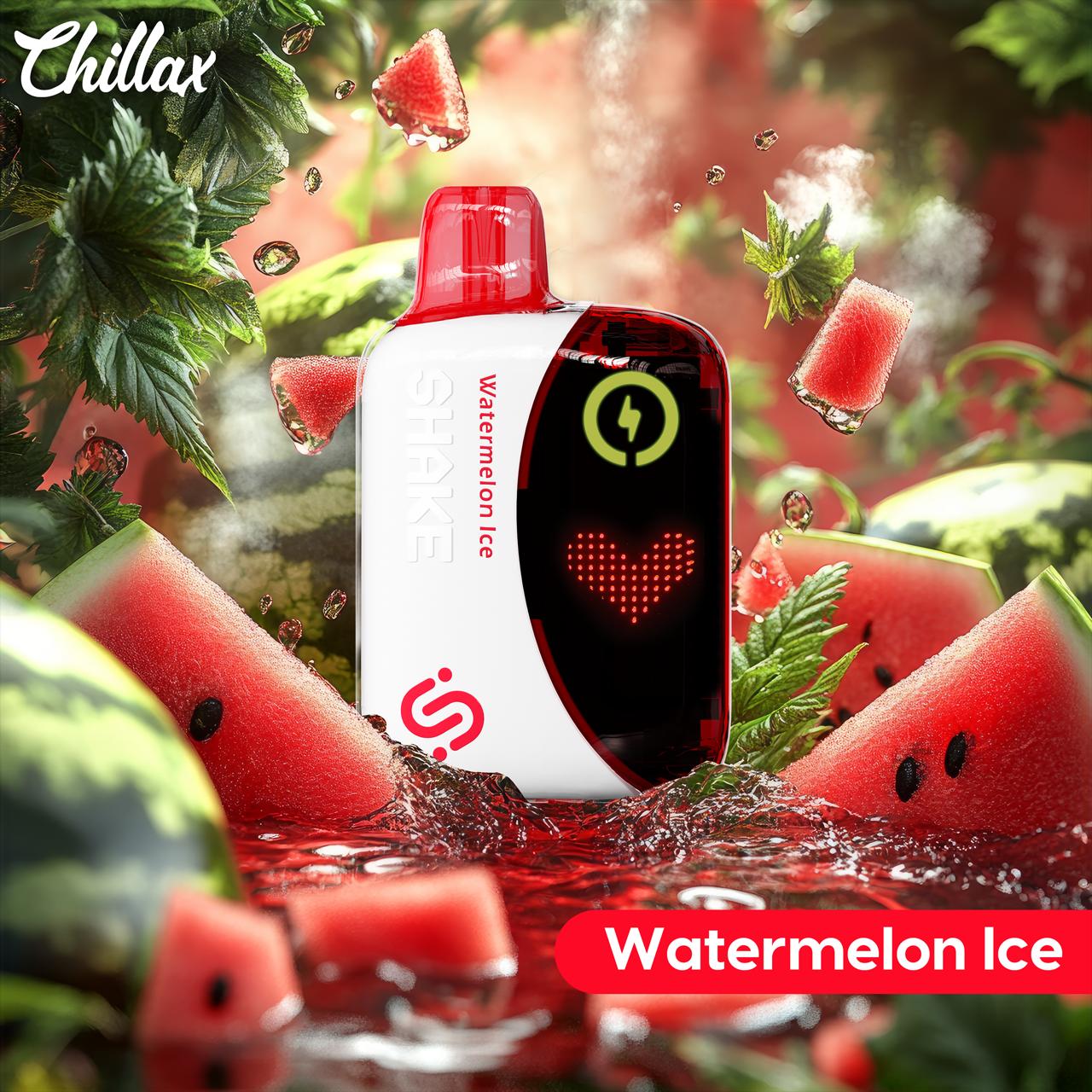 Chillax Watermelon Ice vape with watermelon slices and icy splash background