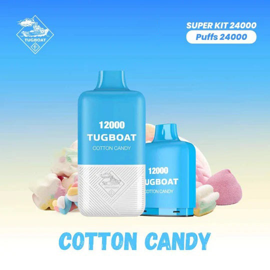 Tugboat Super Kit Cotton Candy flavor 24000 Puffs Disposable Vape with sweet candy background