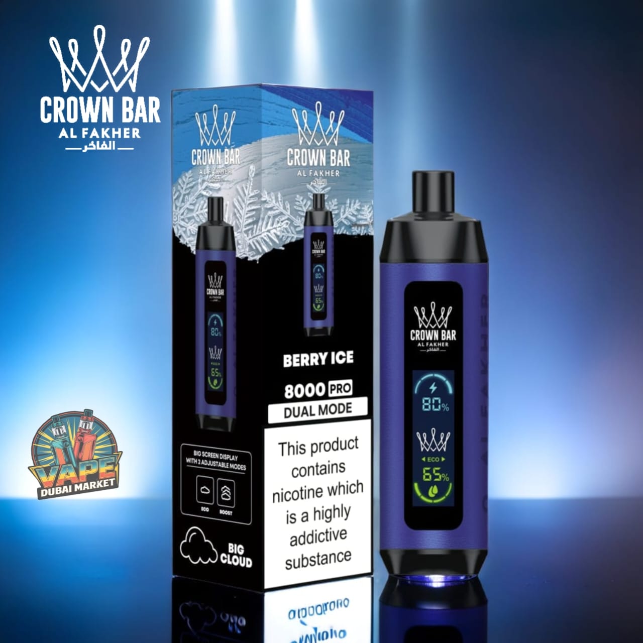 Crown Bar Al Fahker Pro Berry Ice vape with big screen display and 8000 puff