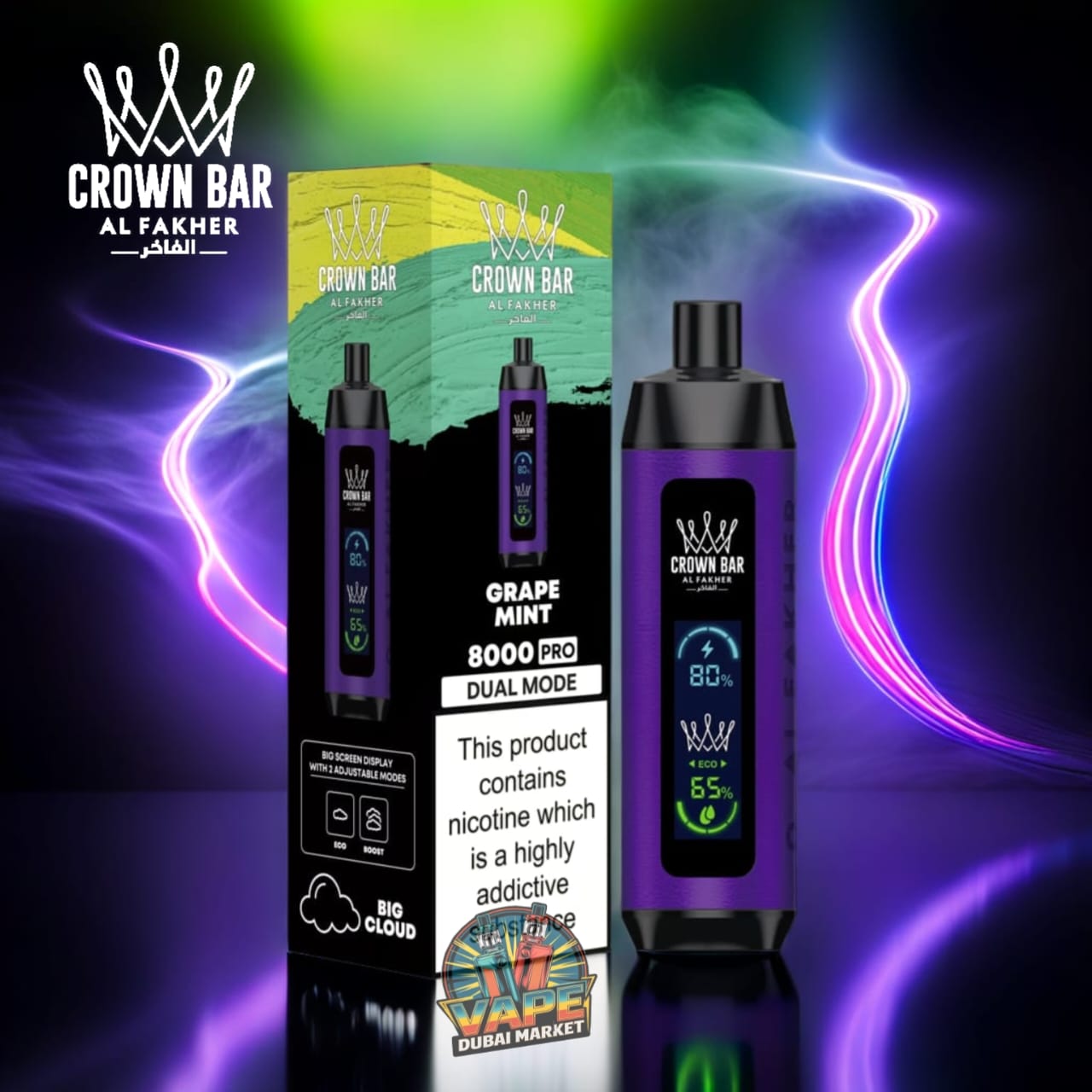 Crown Bar Al Fahker Pro Grape Mint vape with 8000 puffs and adjustable airflow