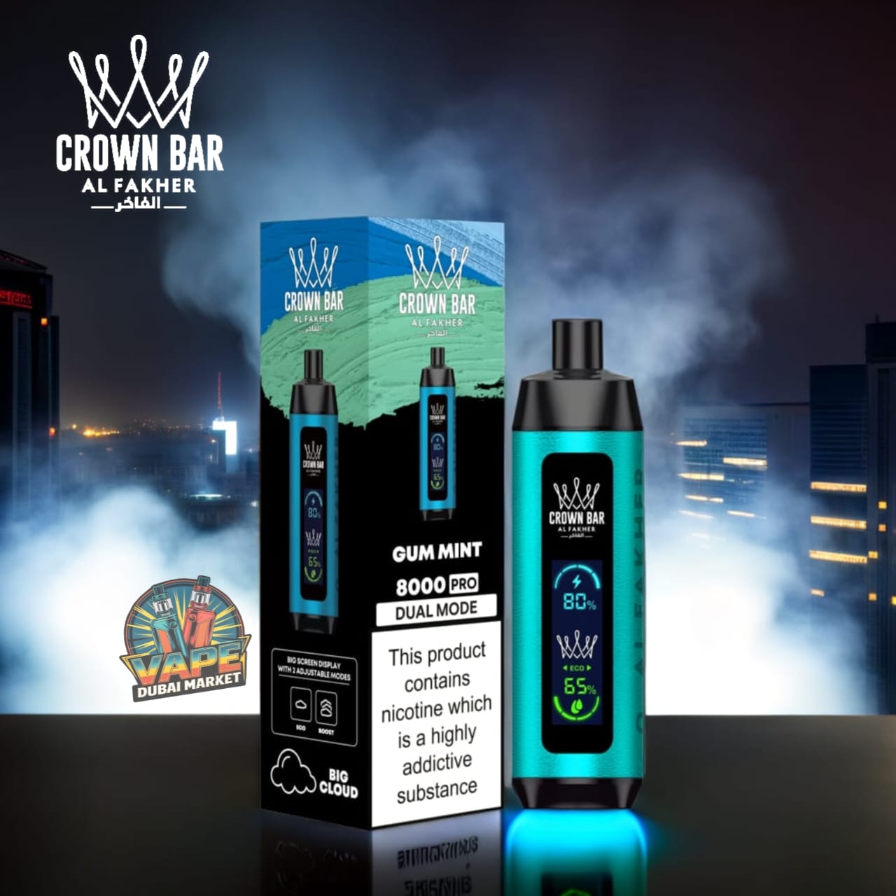 Crown Bar Al Fahker Pro Gum Mint vape with rechargeable battery and big screen display